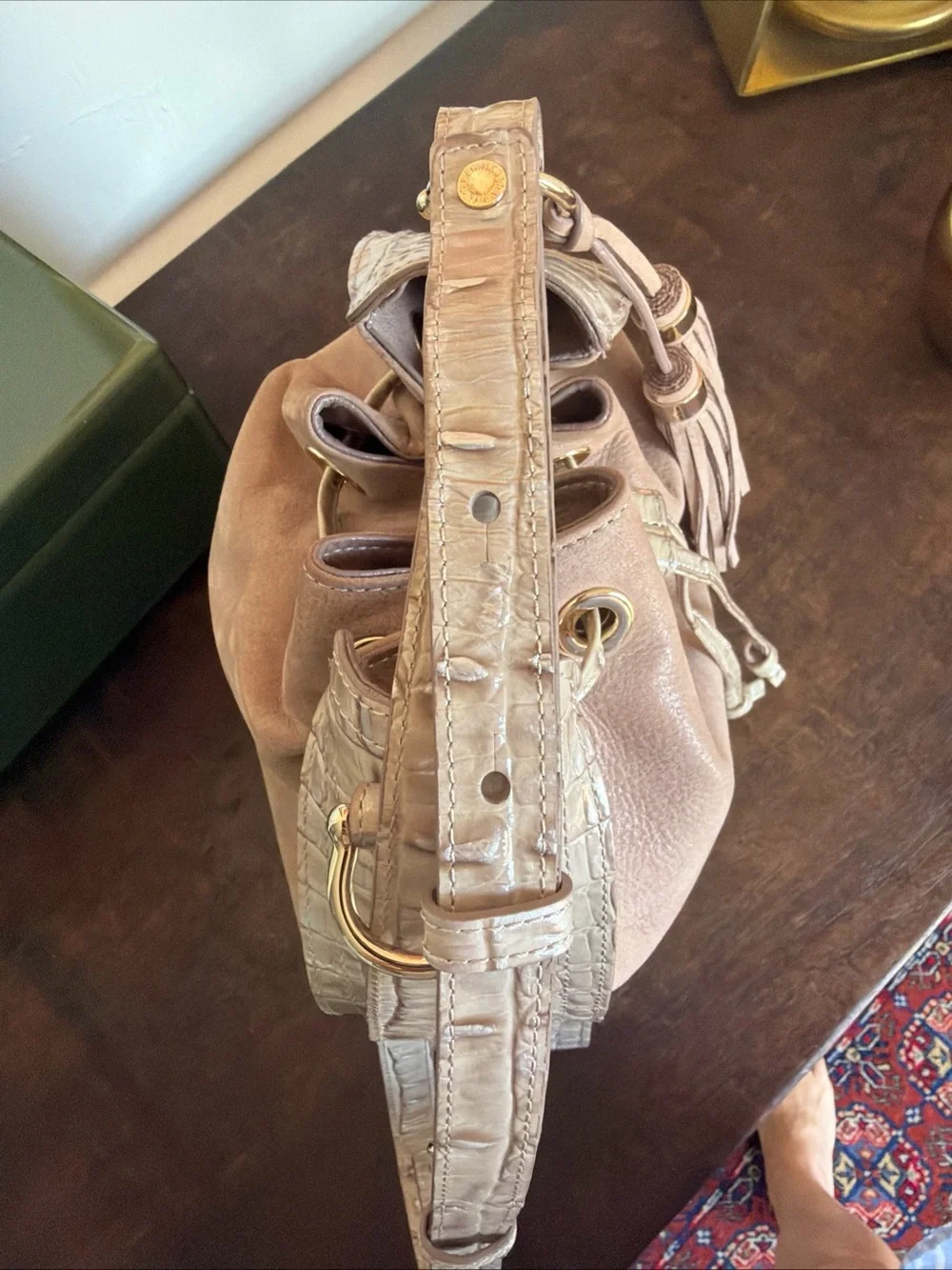 Brahmin Blush Taupe Drawstring Hobo Bucket Bag alligator embossed Tassel